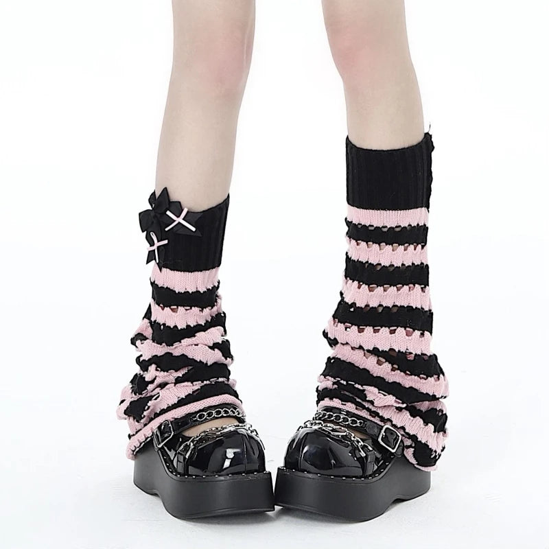 Striped Open-Knit Flare Leg Warmers with Bow