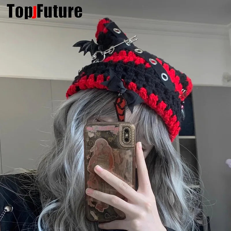Crochet Cat Ear Beanie with Bat Wing Charms