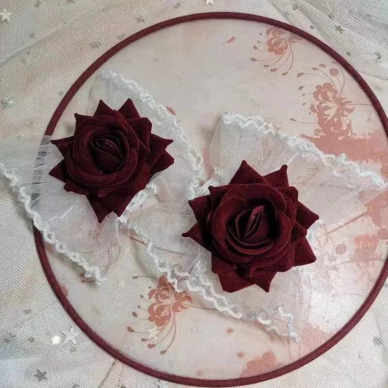 New Fashion Gothic Ruffle Lace Red Rose Wristbands Lolita Charm Bracelets Flower Mesh Hand Ornaments Lace Wristbands Accessories