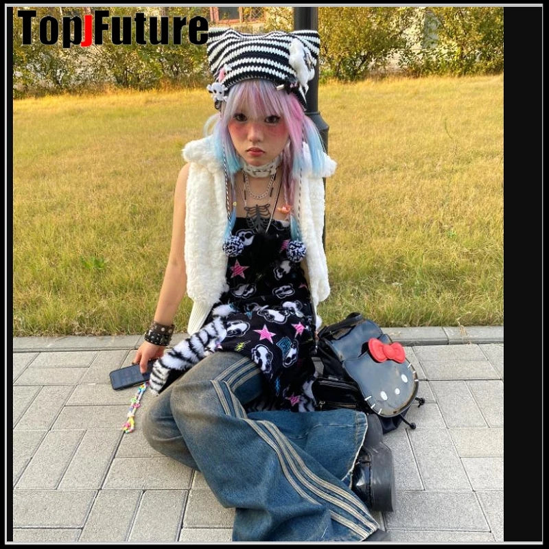 Striped Cat Ear Knit Beanie with Pompom Braids