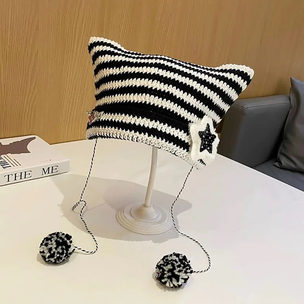 Devil Ear Striped Knit Beanie