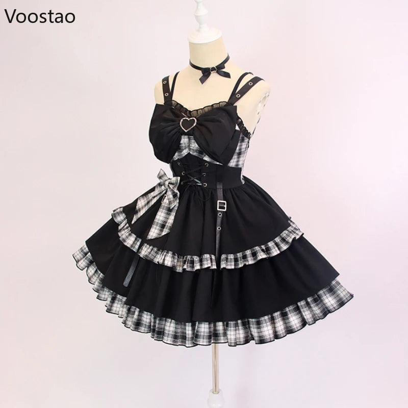 Gothic Punk Lolita JSK Dress – Victorian Plaid Bow Mini Dress