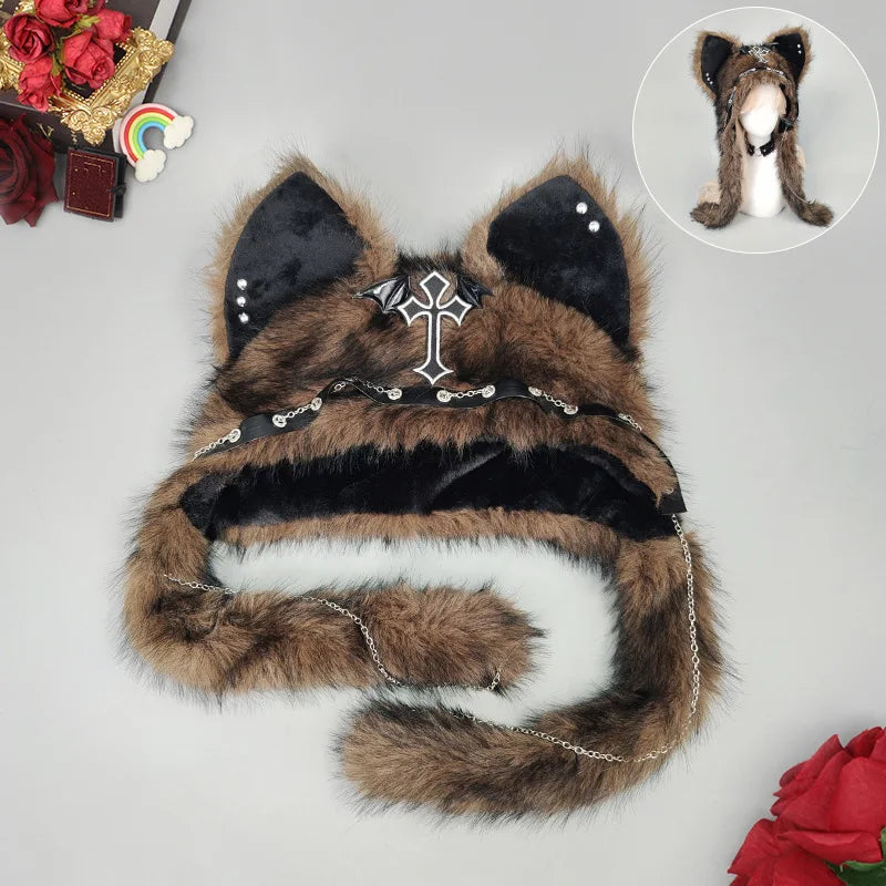 Furry Cat Ear Hat with Cross, Chains & Ear Flaps