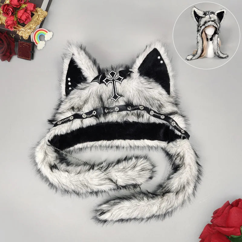 Furry Cat Ear Hat with Cross, Chains & Ear Flaps