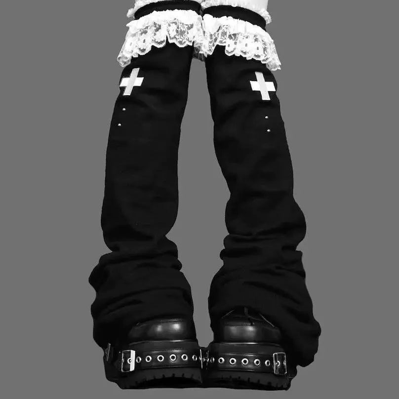 Lace Flare Leg Warmers with Cross Studs
