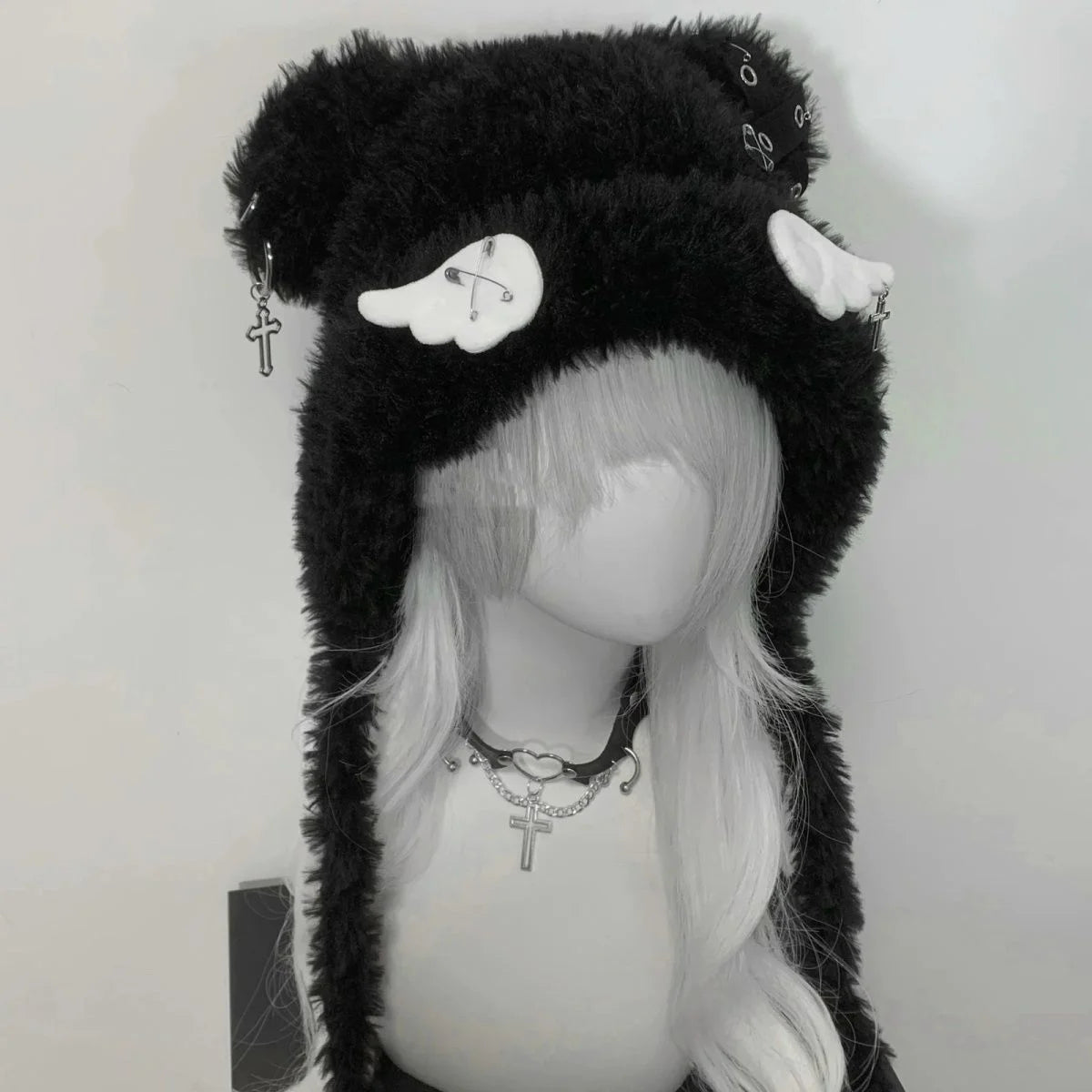 Fuzzy Bear Ear Hat with Chains & Cross