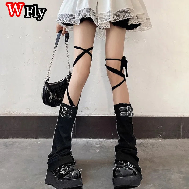 Fishnet Flare Leg Warmers with Heart Buckles