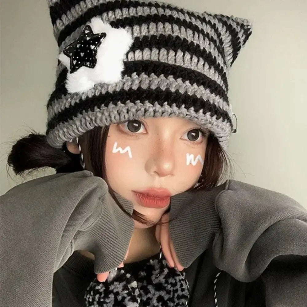 Devil Ear Striped Knit Beanie