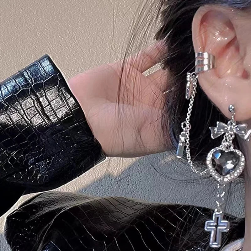 Punk Gothic Black Crystal Heart Cross Chain Earring for Men Women Hip Hop Metal Cross Ear Clip on Earrings Girls Jewelry Gifts