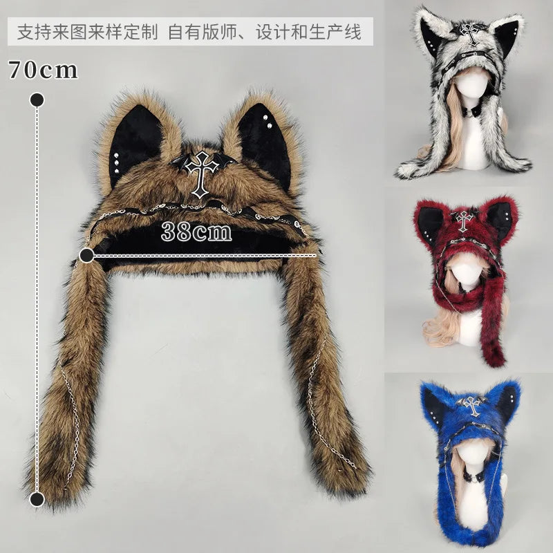 Furry Cat Ear Hat with Cross, Chains & Ear Flaps