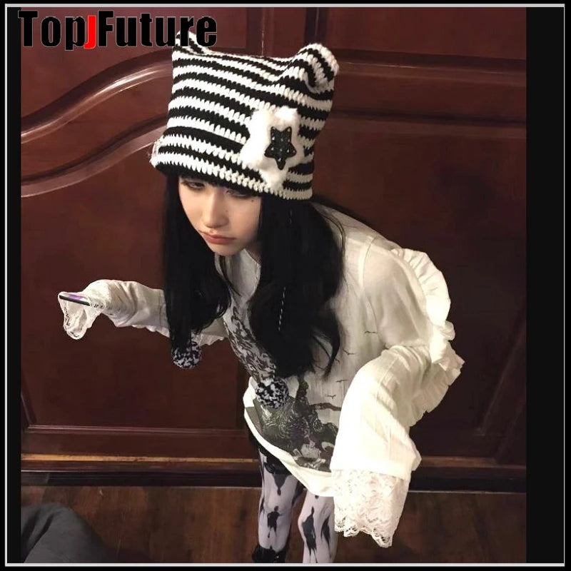 Striped Cat Ear Knit Beanie with Pompom Braids
