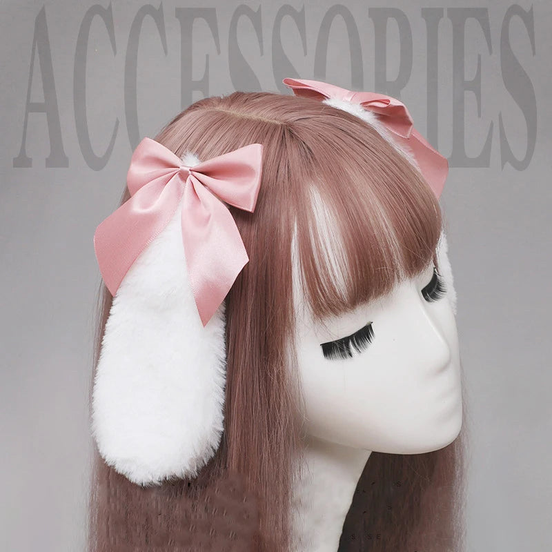 Fluffy Bunny Ear Hair Clips with Bow (Pair)