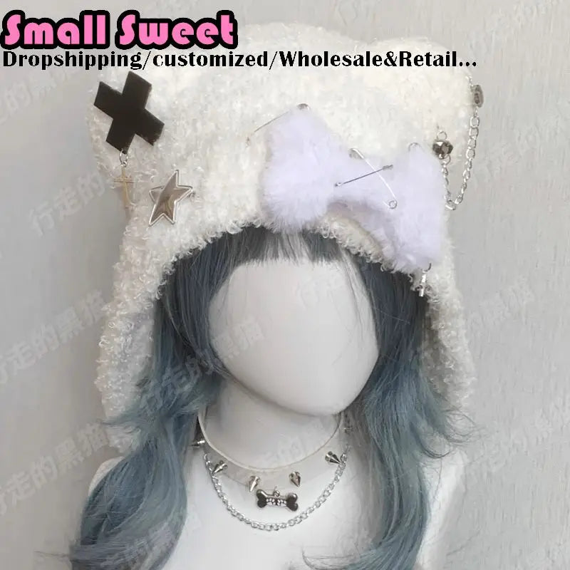 Fuzzy Bear Ear Hat with Cross & Star Charm