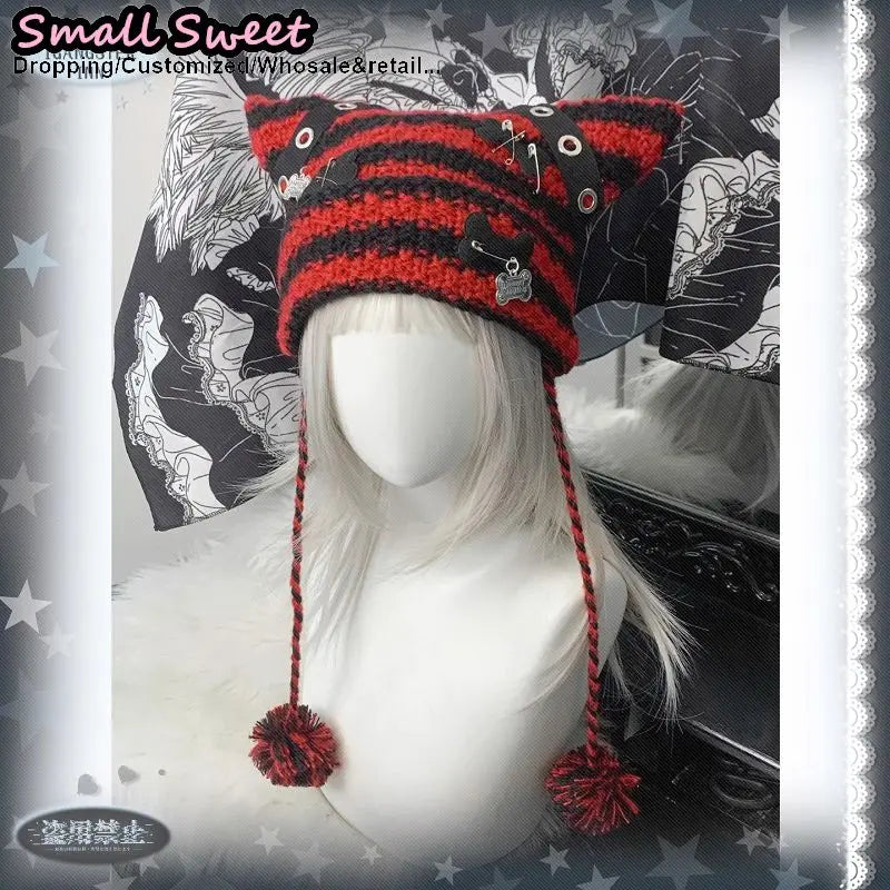 Cat Ear Ear-Flap Beanie with Pompoms