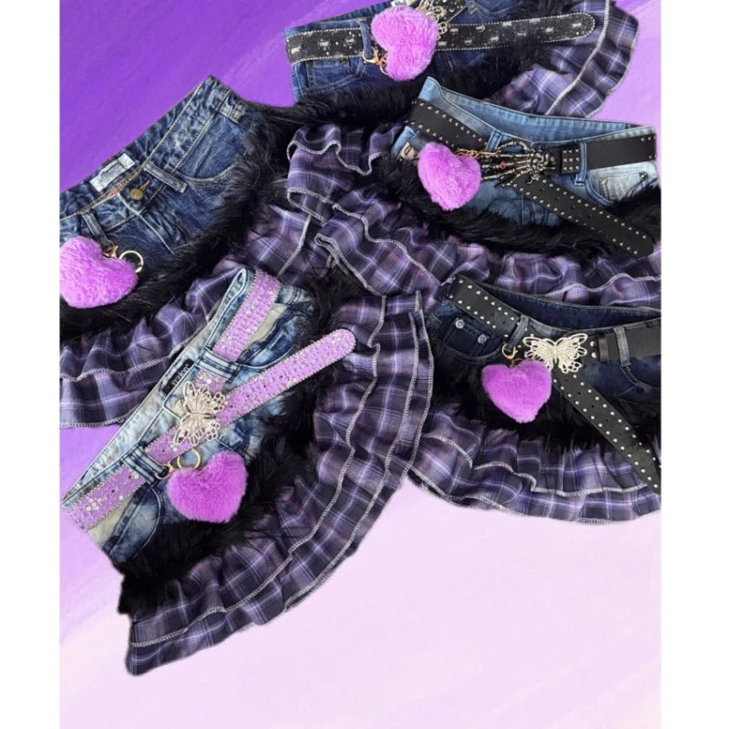 Plaid Layered Ruffle Skirt with Butterfly Belt