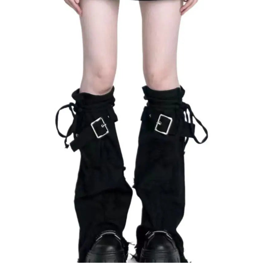 Distressed Denim Buckle Leg Warmers