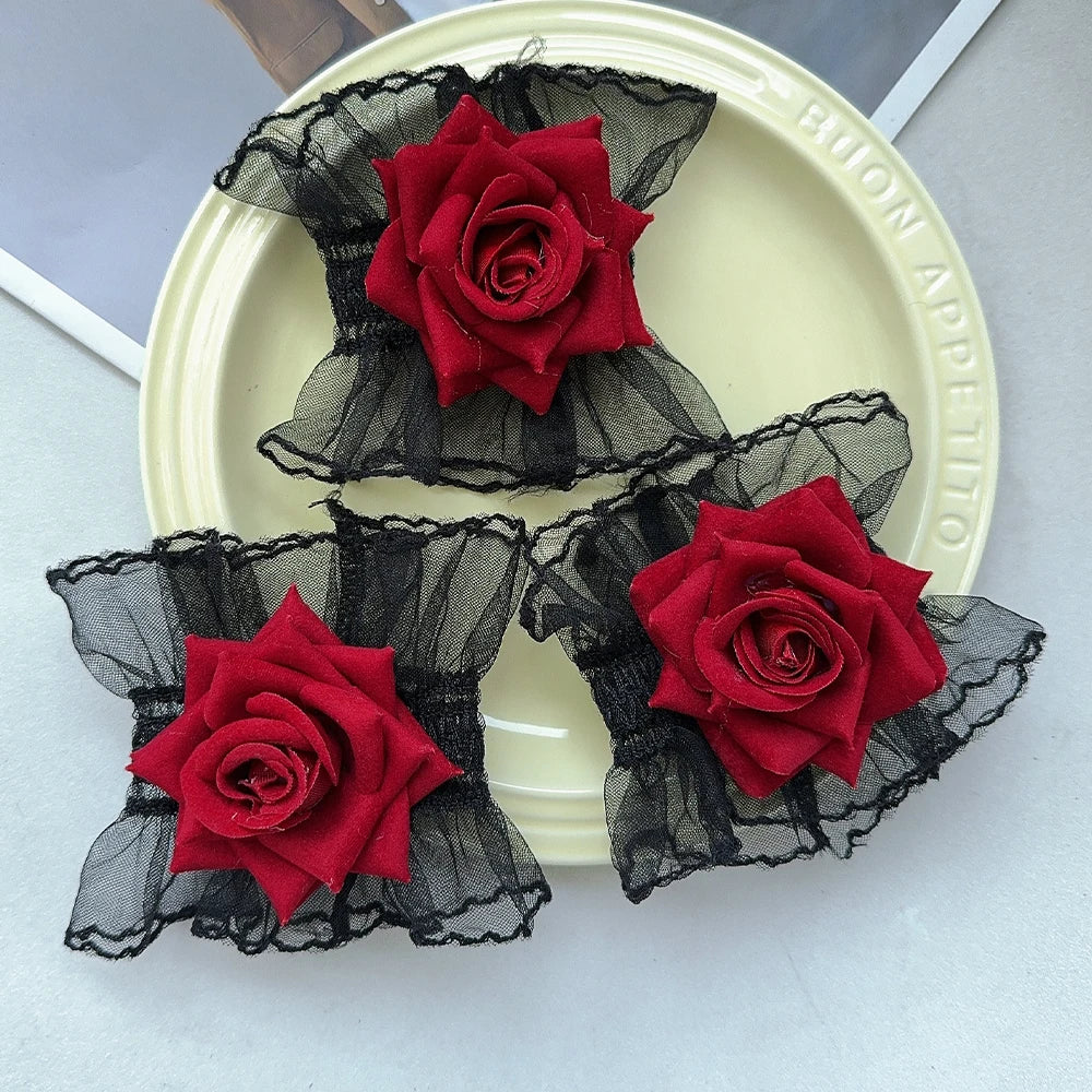 New Fashion Gothic Ruffle Lace Red Rose Wristbands Lolita Charm Bracelets Flower Mesh Hand Ornaments Lace Wristbands Accessories