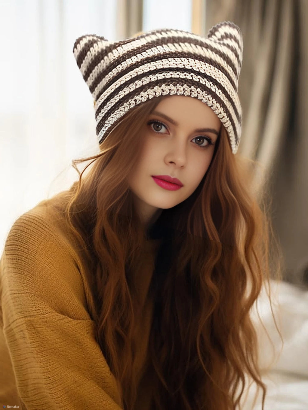 Striped Cat Ear Crochet Beanie