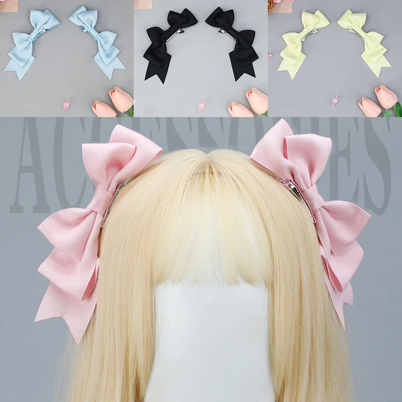 Satin Bow Hair Clips (Pair, Multi-Colour)