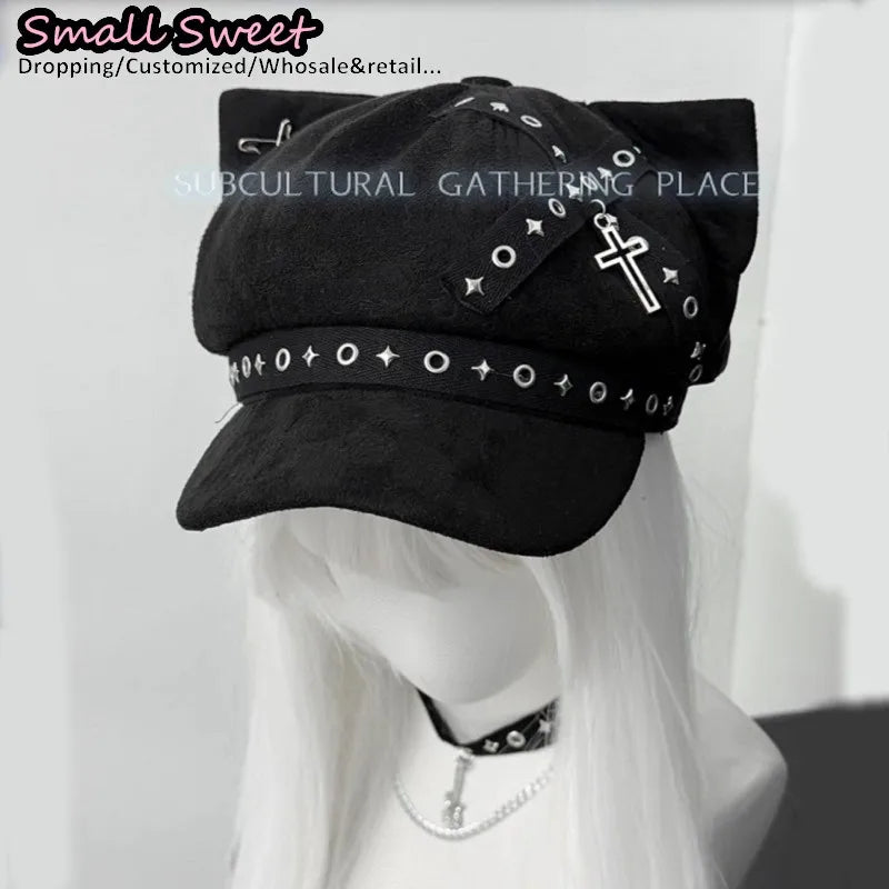 Suede Cat Ear Beret with Star & Cross
