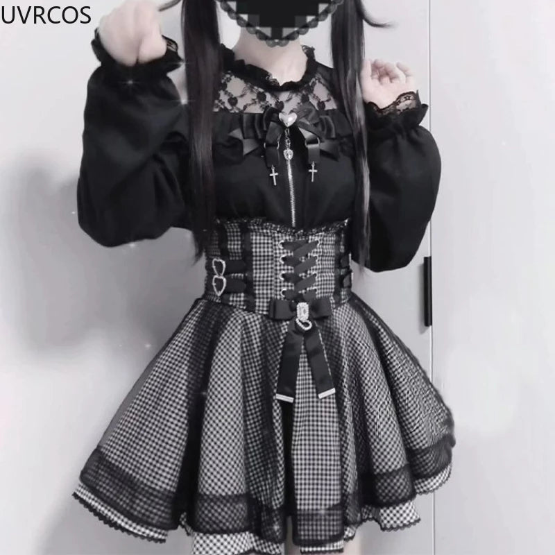 Gothic Y2K Lolita Skirt Set – Lace Off-Shoulder Top & Plaid Skirt