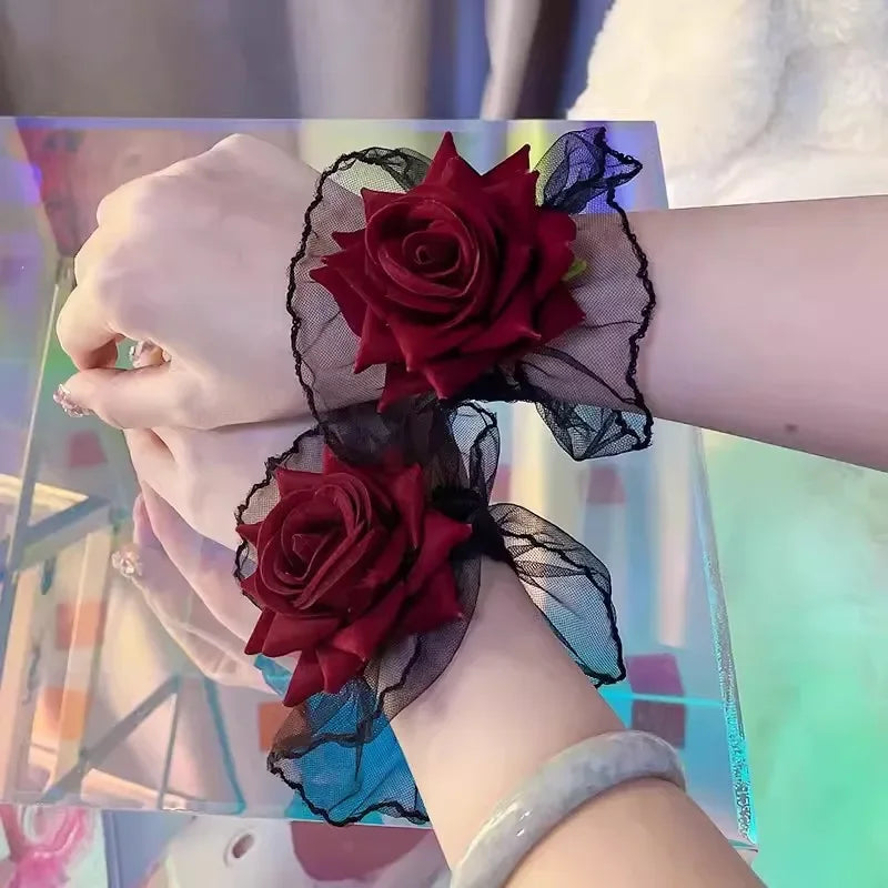 New Fashion Gothic Ruffle Lace Red Rose Wristbands Lolita Charm Bracelets Flower Mesh Hand Ornaments Lace Wristbands Accessories