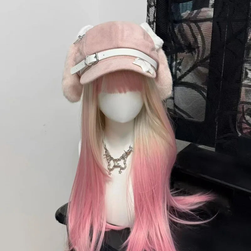 Bunny Ear Suede Newsboy Cap with Belt Buckle