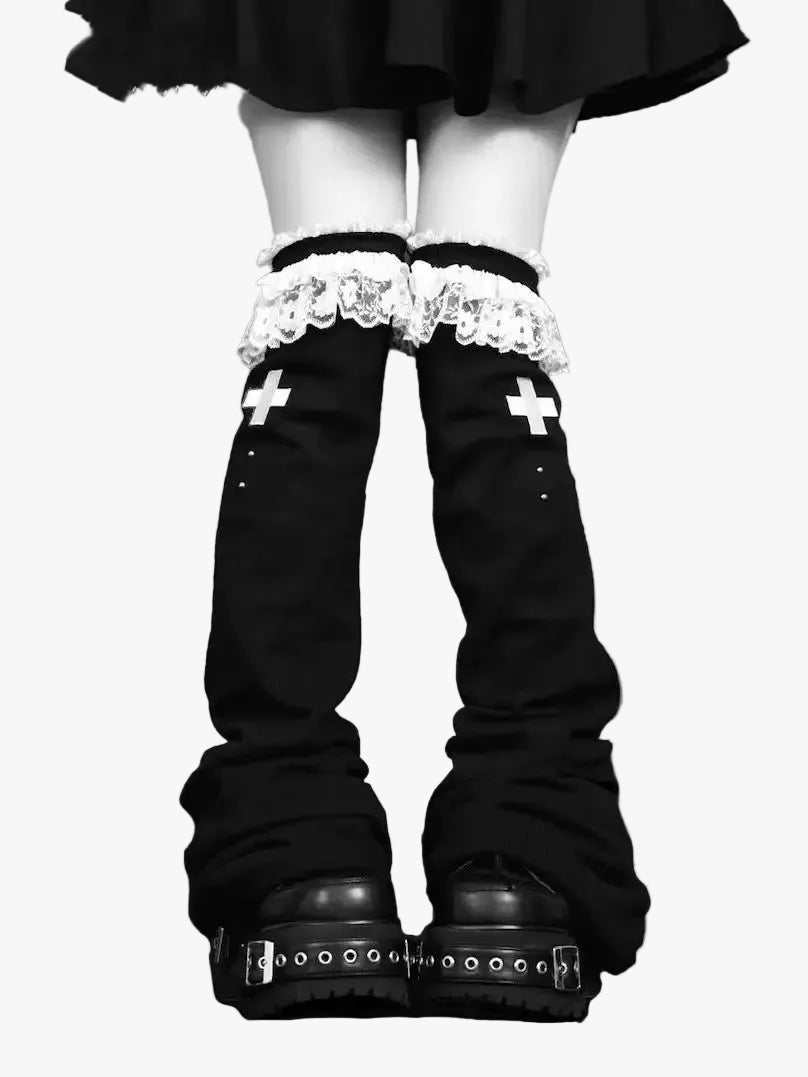 Lace Flare Leg Warmers with Cross Studs