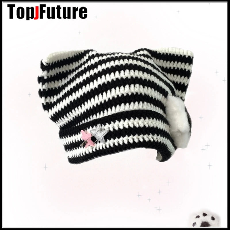 Striped Cat Ear Knit Beanie with Pompom Braids