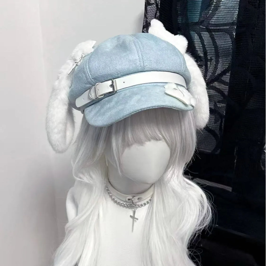 Bunny Ear Suede Newsboy Cap with Belt Buckle