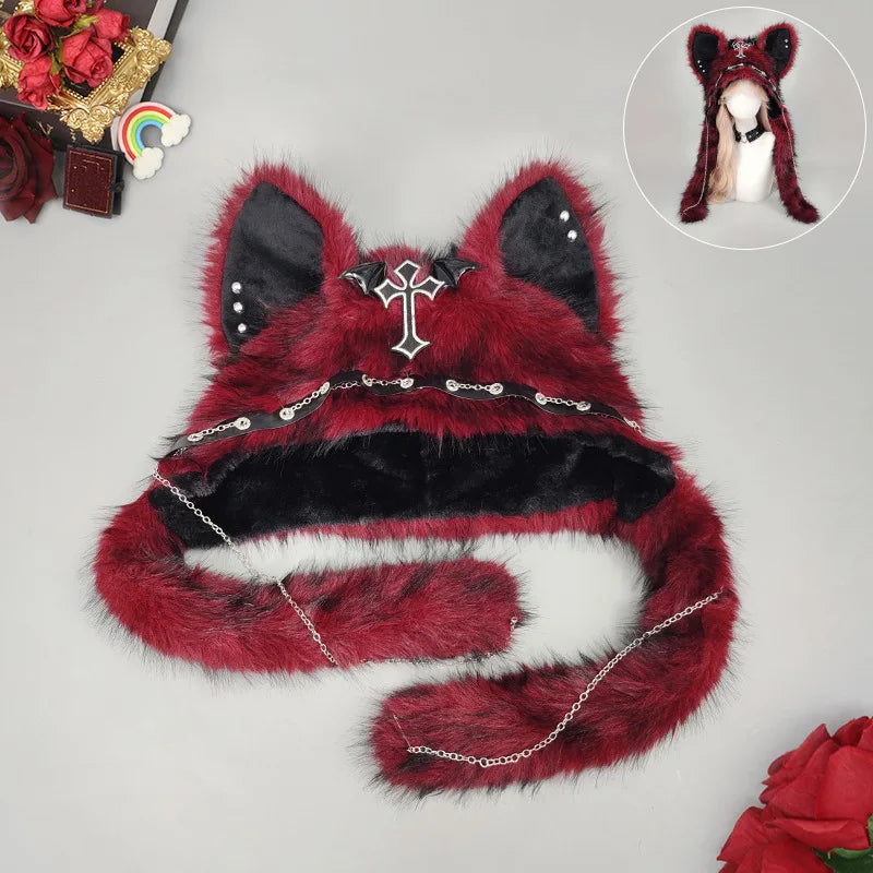 Furry Cat Ear Hat with Cross, Chains & Ear Flaps
