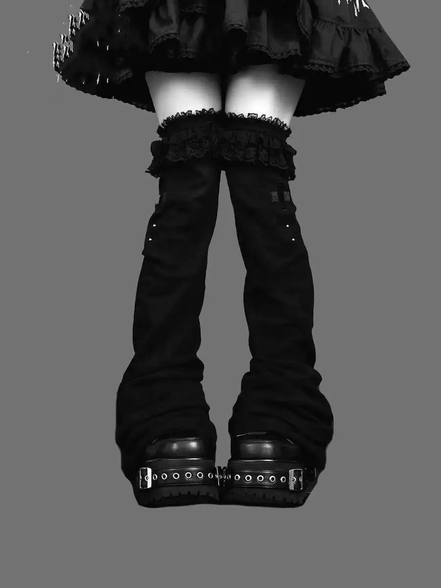 Lace Flare Leg Warmers with Cross Studs