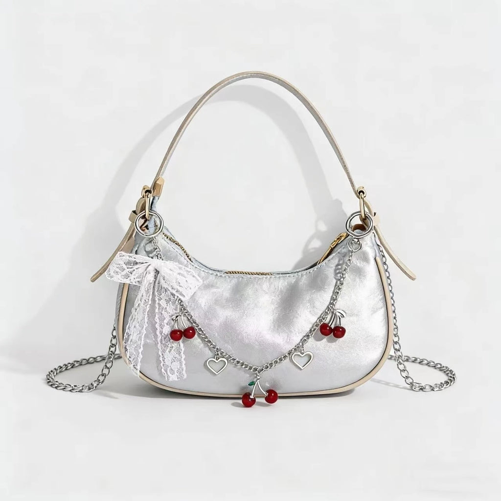Y2K Cherry Bag Chain with Lace Bow, Heart Charm Metal Purse Strap, Aesthetic Bag Accessory for Women Girls