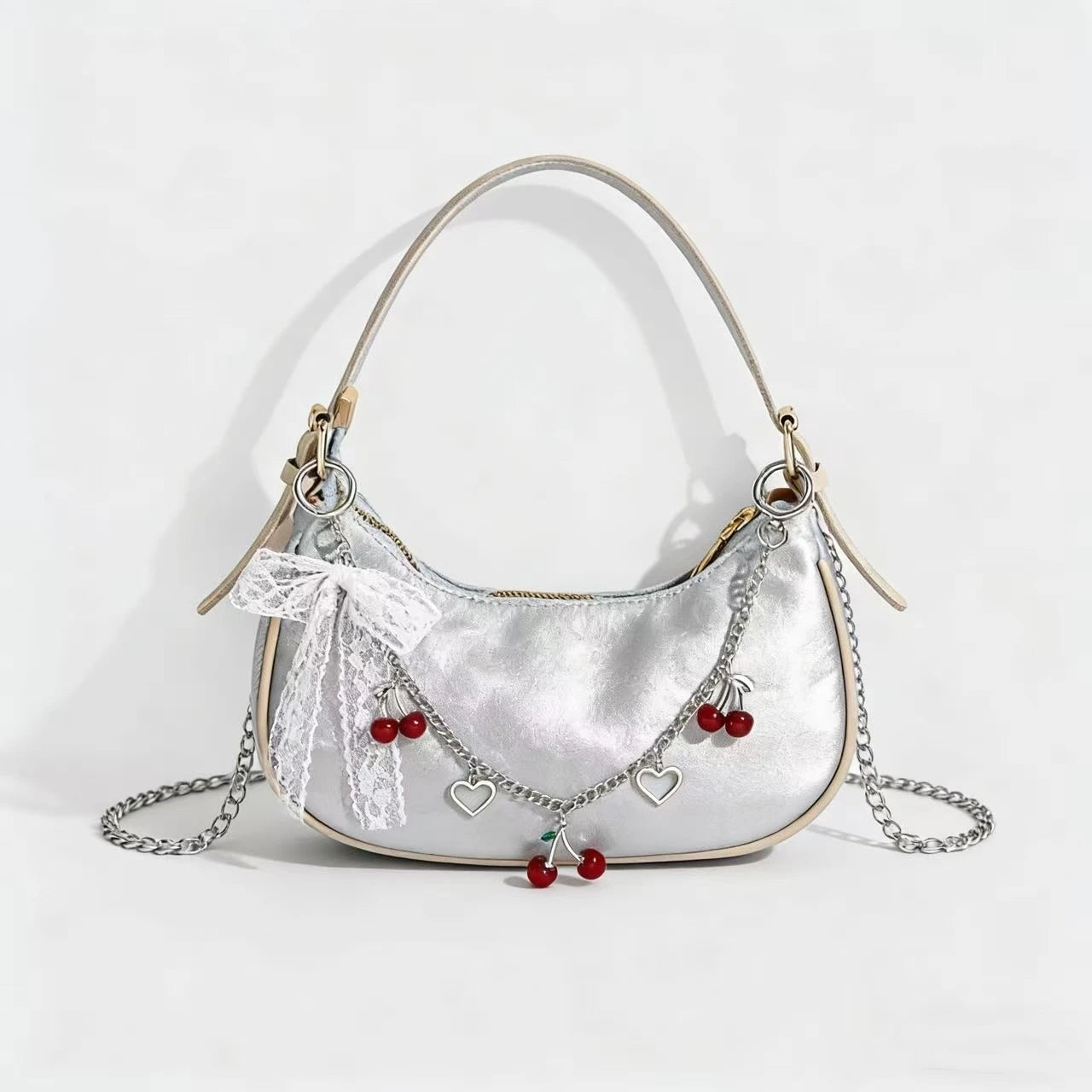 Y2K Cherry Bag Chain with Lace Bow, Heart Charm Metal Purse Strap, Aesthetic Bag Accessory for Women Girls