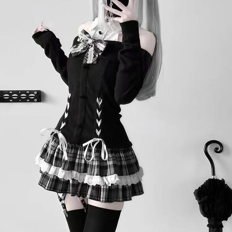 Sweet Y2K Lolita Skirt Set – Knit Off-Shoulder Top & Plaid Mini Skirt