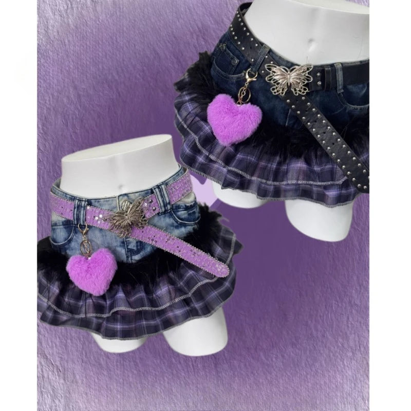 Plaid Layered Ruffle Skirt with Butterfly Belt
