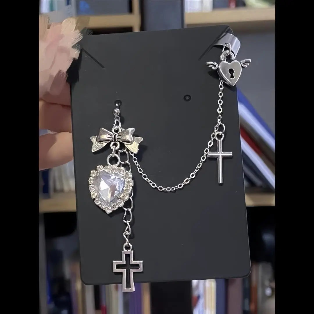 Punk Gothic Black Crystal Heart Cross Chain Earring for Men Women Hip Hop Metal Cross Ear Clip on Earrings Girls Jewelry Gifts