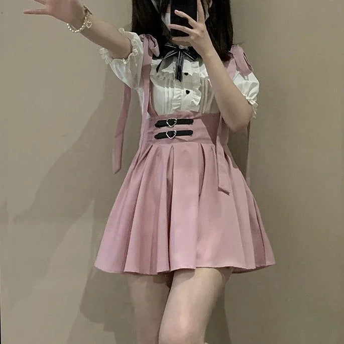 High-Waist Suspender Pleated Mini Skirt