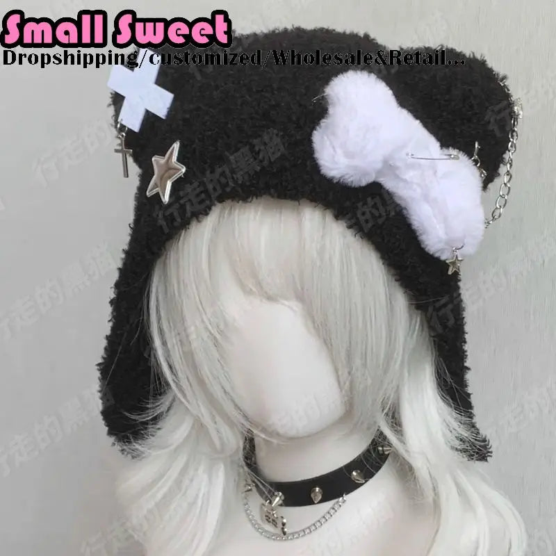 Fuzzy Bear Ear Hat with Cross & Star Charm