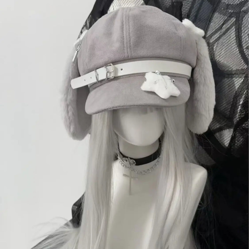 Bunny Ear Suede Newsboy Cap with Belt Buckle