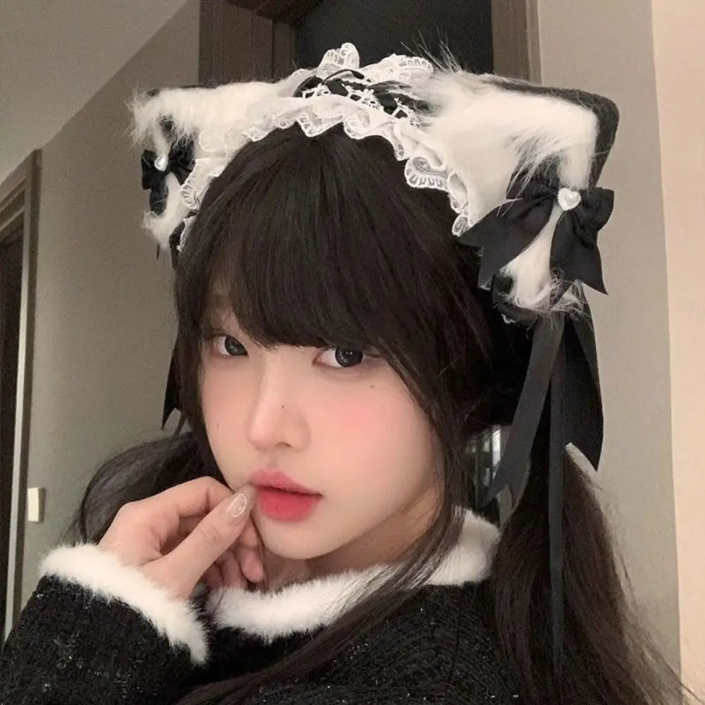 New Lolita Cat Ears Headband Bow Lace Head Wrap Cosplay Headdress Hair Accessories
