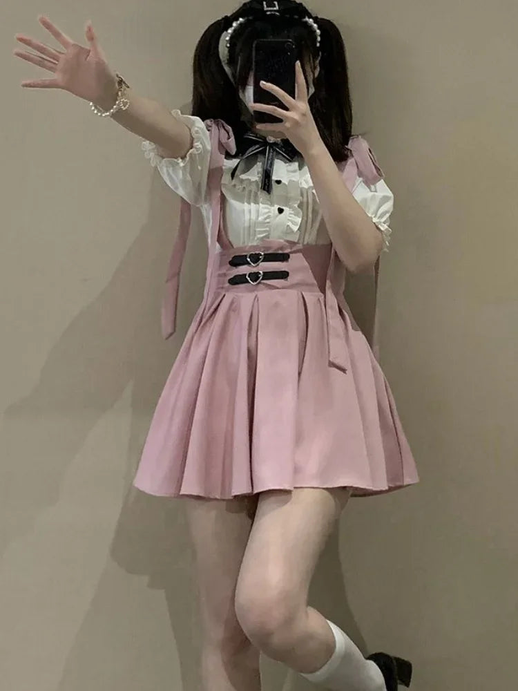 High-Waist Suspender Pleated Mini Skirt