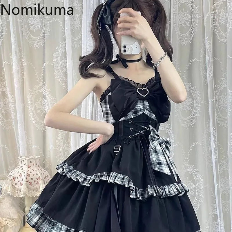 Plaid Lace-Up Heart Bow Lolita Dress