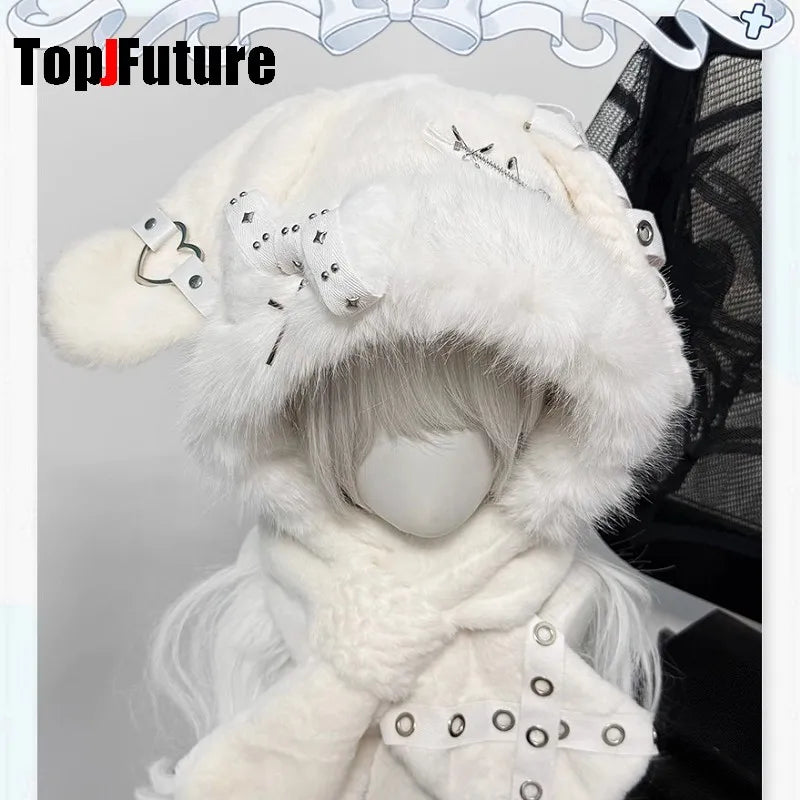 Furry Bunny Ear Hat with Star Band & Cross