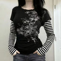 Striped Patchwork Punk T-Shirt - Tops & Dresses for Jirai Kei, gothic & kawaii style | Cute Splikes