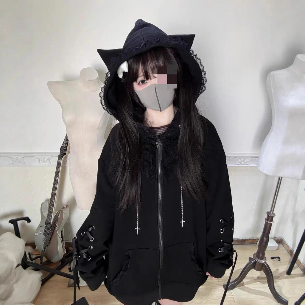 Cat Ear Cross Zip-Up Hoodie with Lace-Up Sleeves