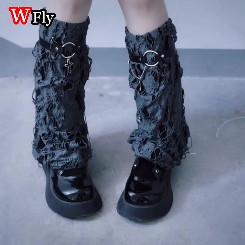 Ripped Distressed Leg Warmers with Cross Charm