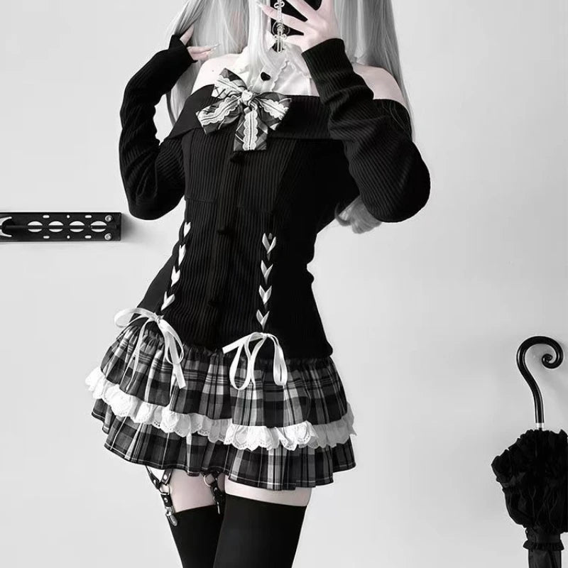 Sweet Y2K Lolita Skirt Set – Knit Off-Shoulder Top & Plaid Mini Skirt