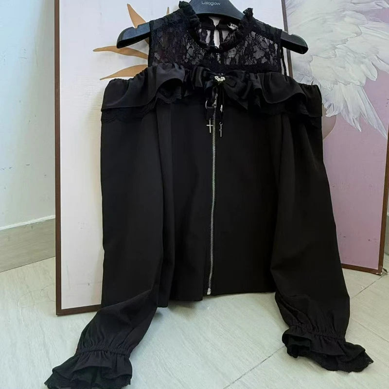 Gothic Y2K Lolita Skirt Set – Lace Off-Shoulder Top & Plaid Skirt