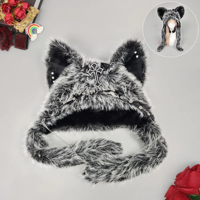Furry Cat Ear Hat with Cross, Chains & Ear Flaps